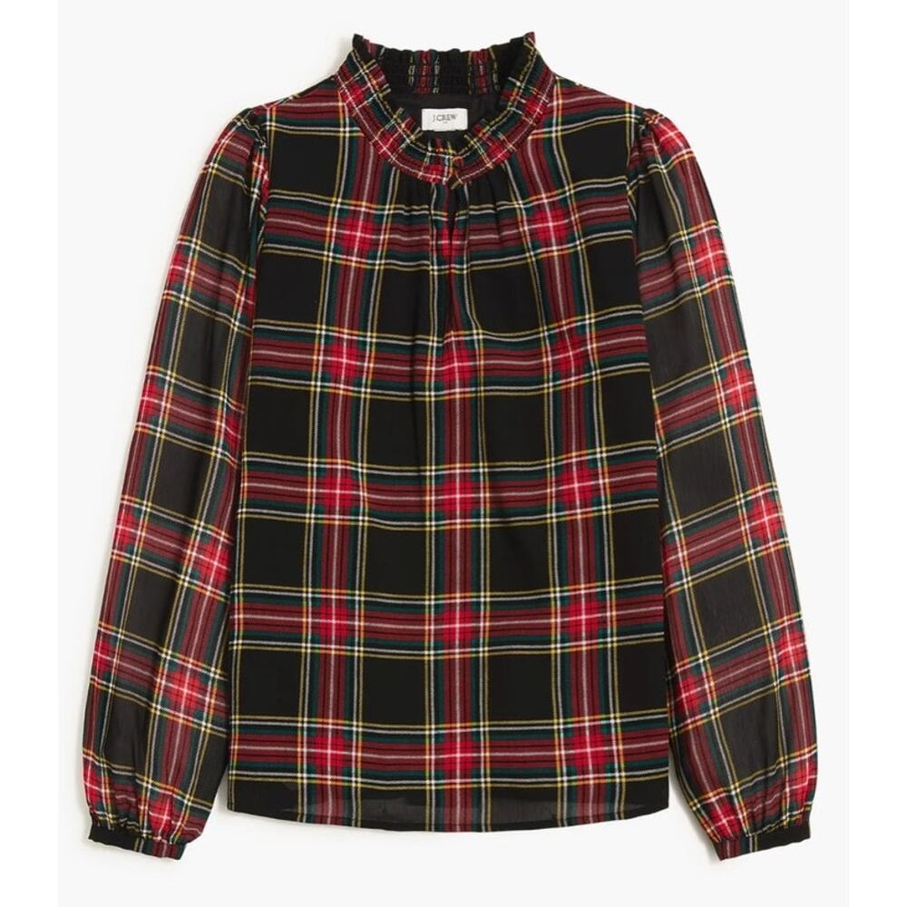 J.Crew Tartan Plaid Smocked Neck Keyhole Blouse Preppy Top Size M
